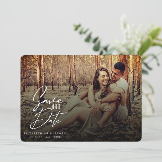 Save The Date Filtre Automne Rustique Blanc Script Avant et Préc (Debout devant)