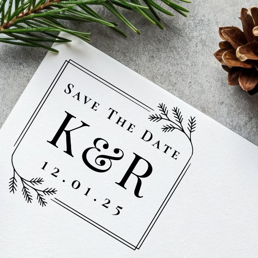 Save the Date Fir Frame Monogram Winter Wedding Zelfinktende Stempel
