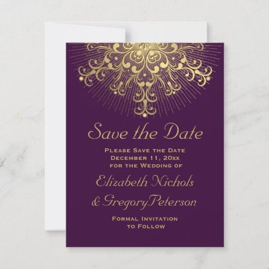 Save The Date Flacon d'or violet mariage d'hiver Enregistrer la (Devant)