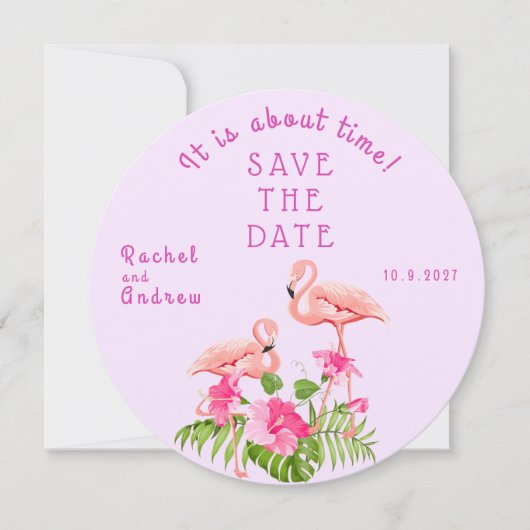 Save The Date Flamant rose floral tropical Mariage vert rose gra (Devant)