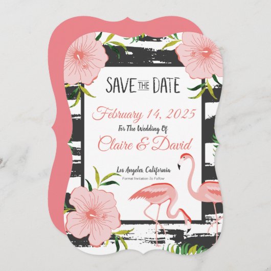 Save The Date Flamant rose rose Mariage tropical (Devant / Derrière)