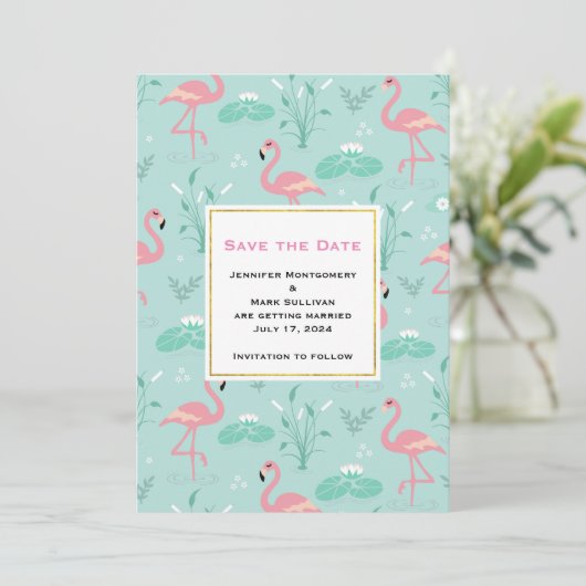 Save The Date Flamants roses rose Pastel sur Mariage Motif vert (Debout devant)