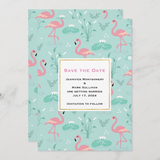 Save The Date Flamants roses rose Pastel sur Mariage Motif vert (Devant / Derrière)