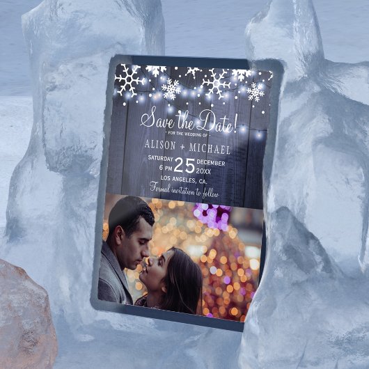 Save The Date Flammes de neige rustiques mariage photo hiver enr