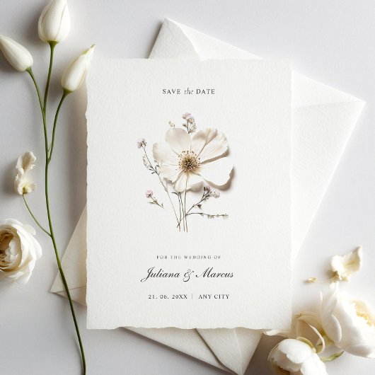 Save The Date Fleur blanche chic pressée