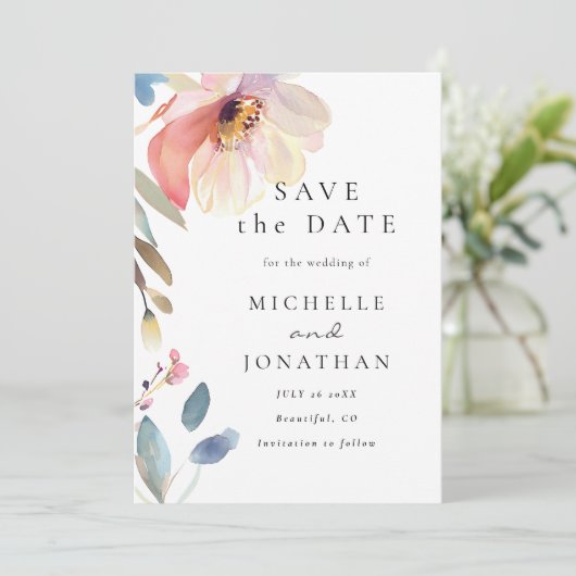 Save The Date Fleur blanche rose simple Mariage chrétien moderne (Debout devant)