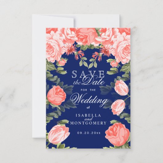 Save The Date Fleur botanique bleu foncé et corail (Devant)