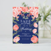 Save The Date Fleur botanique bleu foncé et corail (Debout devant)