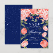 Save The Date Fleur botanique bleu foncé et corail (Devant / Derrière)
