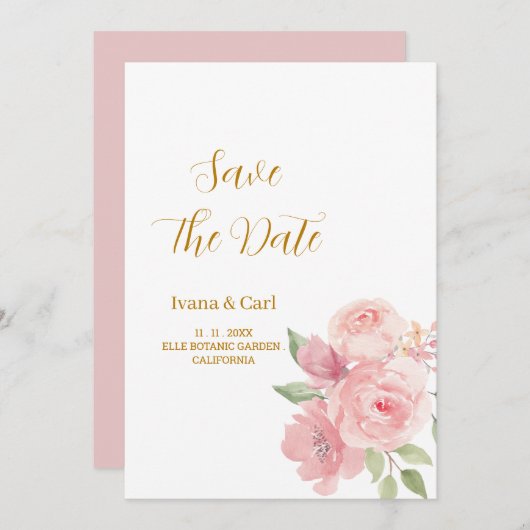 Save The Date Fleur d'aquarelle ROSE (Devant / Derrière)