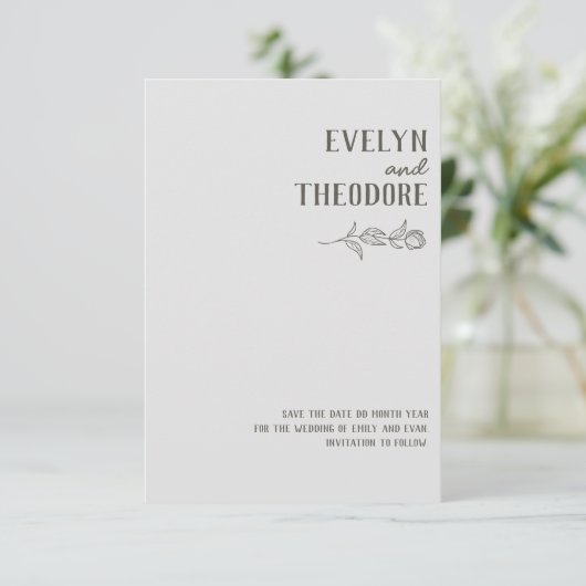 Save The Date Fleur d'art de ligne neutre élégante avec Mariage (Debout devant)