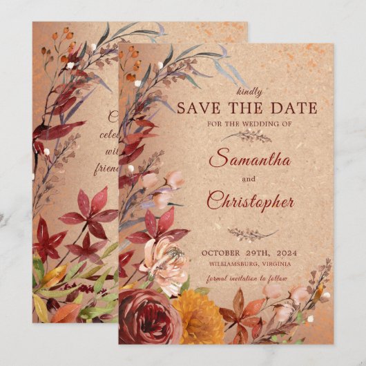 Save The Date Fleur d'automne rustique Bourgogne Ambre Floral (Devant / Derrière)