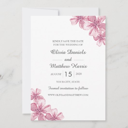 Save The Date Fleur de cerisier rose printemps. Mariage floral (Devant)