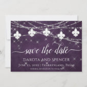 Save The Date Fleur de Lis Eggplant Lumières pourpres | Mariage (Devant)