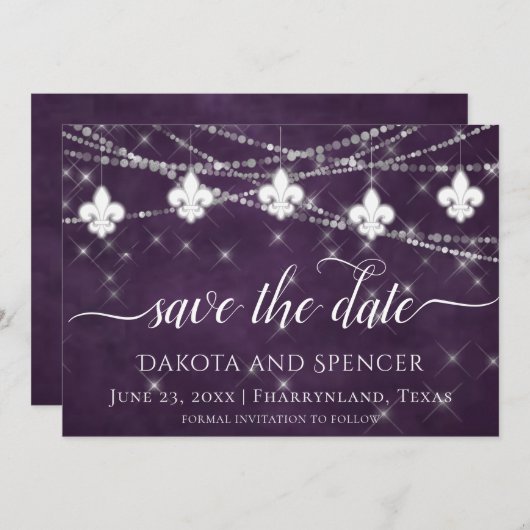 Save The Date Fleur de Lis Eggplant Lumières pourpres | Mariage (Devant / Derrière)