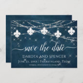 Save The Date Fleur de Lis Lumières Bleues Marine | Mariage rust (Devant / Derrière)