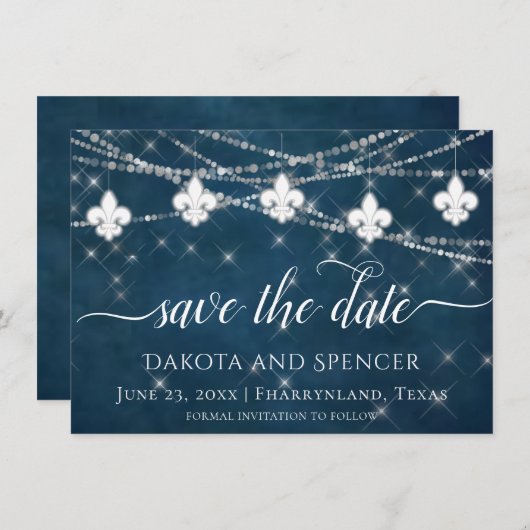 Save The Date Fleur de Lis Lumières Bleues Marine | Mariage rust (Devant / Derrière)
