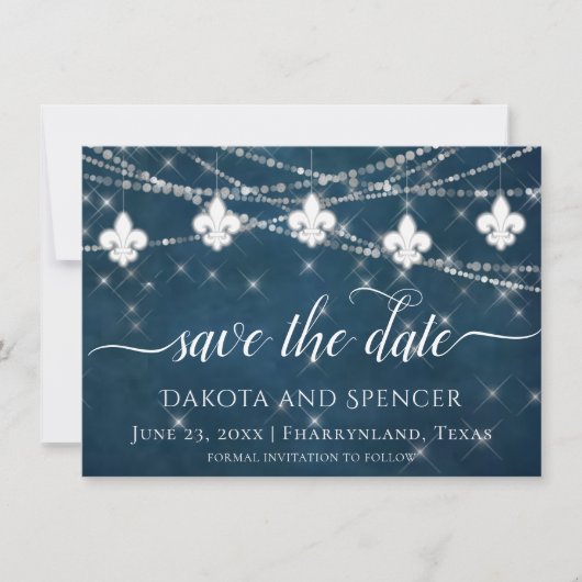 Save The Date Fleur de Lis Lumières Bleues Marine | Mariage rust (Devant)