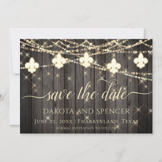 Save The Date Fleur de Lis Lumières Rustiques | Boho Chic Mariag (Devant)