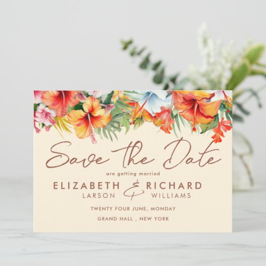 Save The Date Fleur d'Hibiscus Élégante Fleurs Tropicales Mariag (Debout devant)