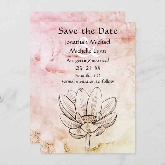 Save The Date Fleur Lotus simple | Mariage en marbre rose (Devant / Derrière)