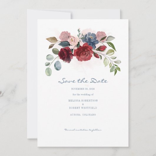 Save The Date Fleur moderne de Bourgogne aquarelle rustique (Devant)