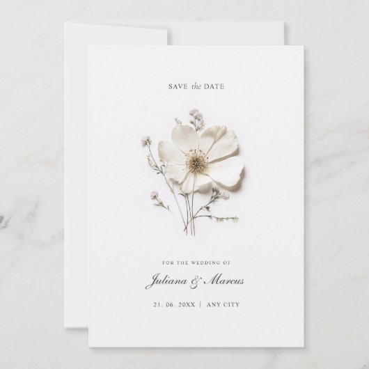 Save The Date Fleur Pressée Blanche Chic (Devant)