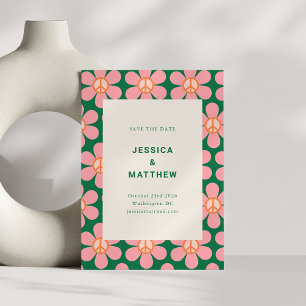 Save The Date Fleur Rétro Paix Rose Vert Mariage Groovy