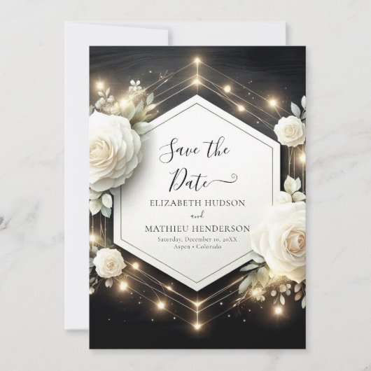 Save The Date Fleur romantique Roses blanches Mariage (Devant)