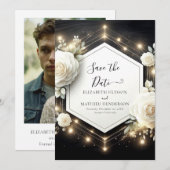 Save The Date Fleur romantique Roses blanches Mariage (Devant / Derrière)