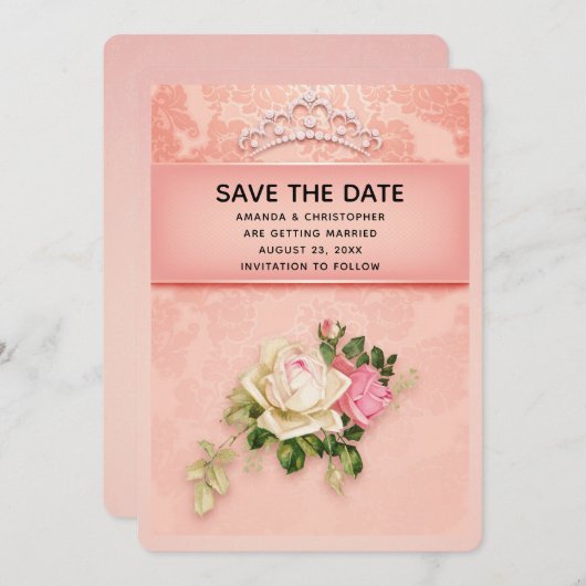 Save The Date Fleur rose avec Diamond Tiara Mariage élégant (Devant / Derrière)