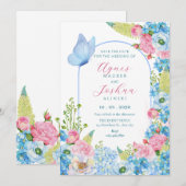 Save The Date Fleur rose bleue papillon mariage floraison  (Devant / Derrière)