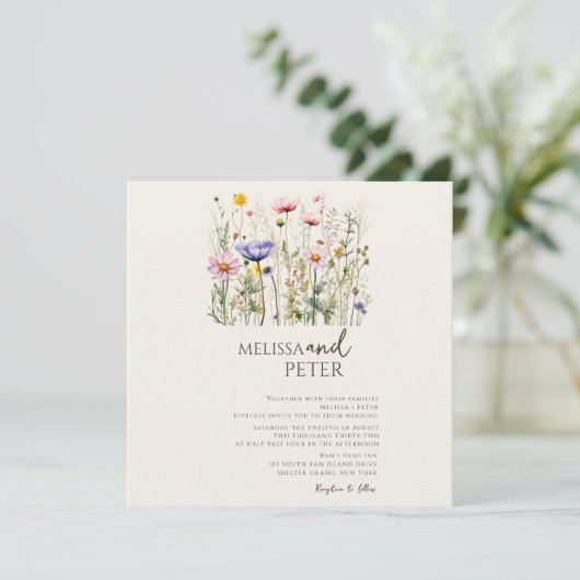 Save The Date Fleur sauvage couleur Monogramme beige Mariage pho (Debout devant)
