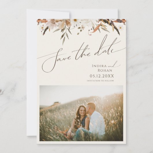 Save The Date Fleur sauvage d'automne Boho | Code QR photo beige (Devant)
