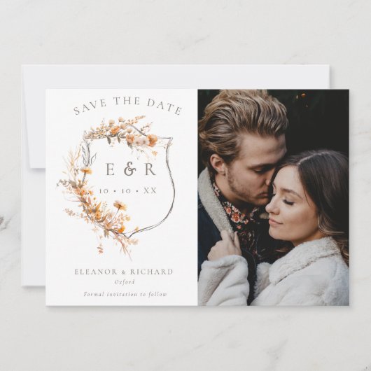 Save The Date Fleur sauvage d'automne Monogram Crest QR Mariage  (Devant)