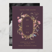 Save The Date Fleur sauvage Eggplant & Gold Frame Mariage Photo (Devant / Derrière)