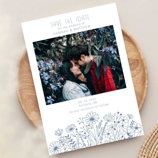 Save The Date Fleur sauvage Elegant Boho Dusty Blue Photo Mariag