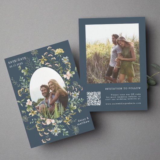 Save The Date Fleur sauvage Frame 2 Photo Mariage QR Code Marine