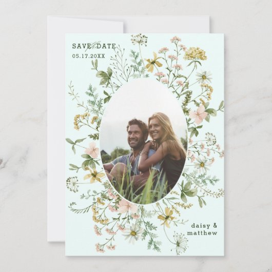 Save The Date Fleur sauvage Frame 2 Photo Mariage QR Code Mint (Devant)