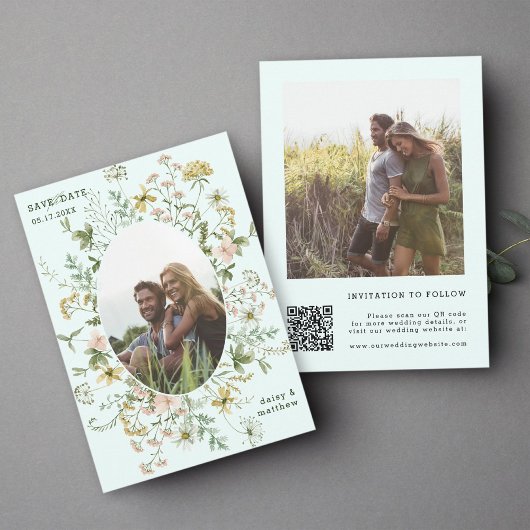 Save The Date Fleur sauvage Frame 2 Photo Mariage QR Code Mint