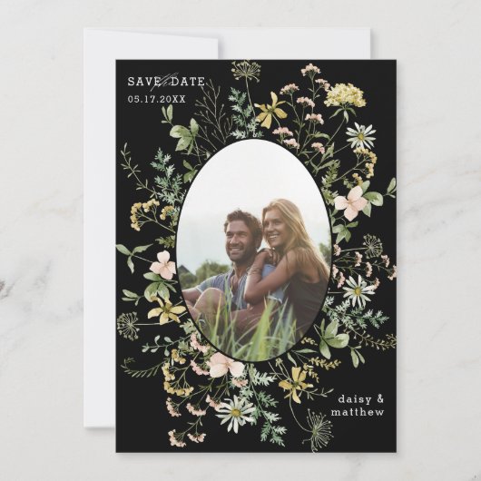 Save The Date Fleur sauvage Frame 2 Photo Mariage QR Code noir (Devant)