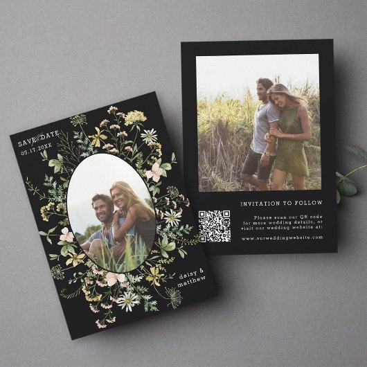 Save The Date Fleur sauvage Frame 2 Photo Mariage QR Code noir