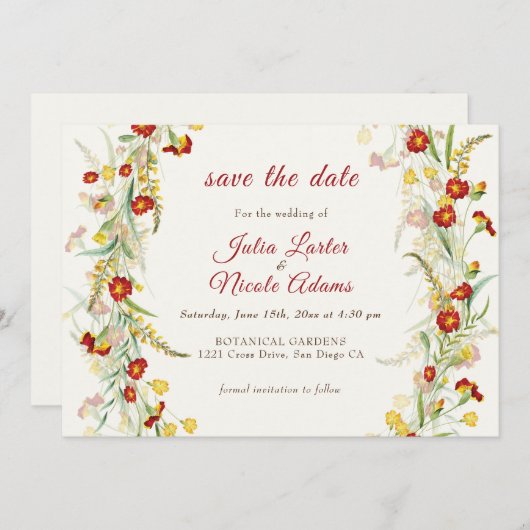Save The Date Fleur sauvage Jaune Marigold Mariage de feuillage (Devant / Derrière)
