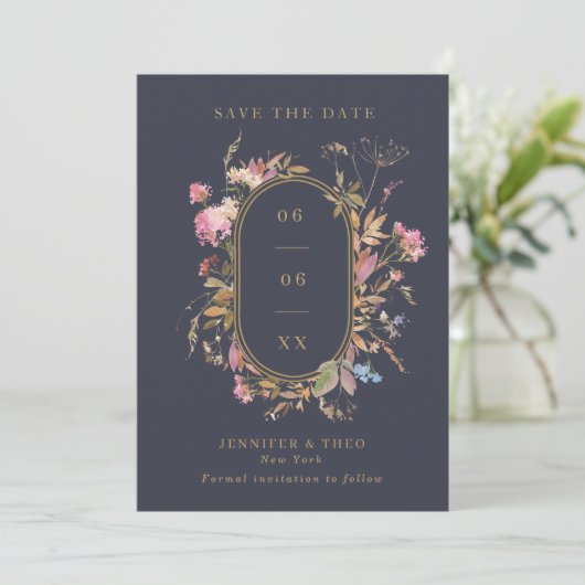 Save The Date Fleur sauvage Marine & Gold Frame Mariage photo (Debout devant)