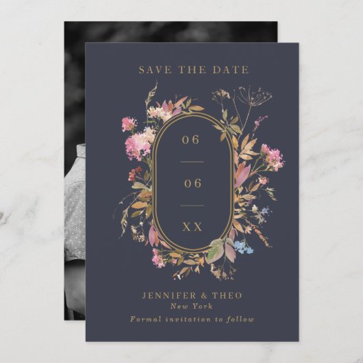 Save The Date Fleur sauvage Marine & Gold Frame Mariage photo (Devant / Derrière)