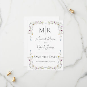 Save The Date Fleur sauvage moderne Monogramme Mariage blanc