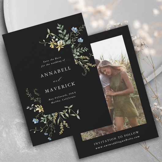 Save The Date Fleur sauvage noir Delicate Boho Mariage Photo