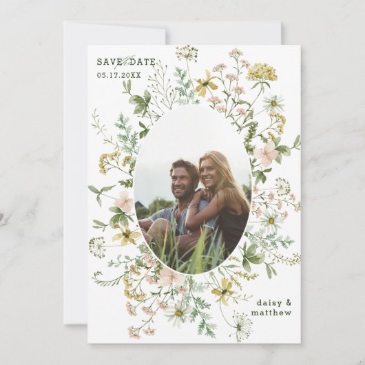Save The Date Fleur sauvage Oval Frame 2 Photo Mariage QR Code (Devant)