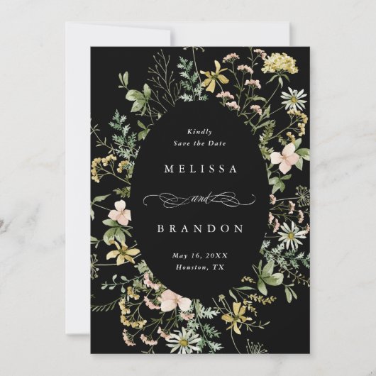Save The Date Fleur sauvage Oval Frame Mariage photo noir (Devant)