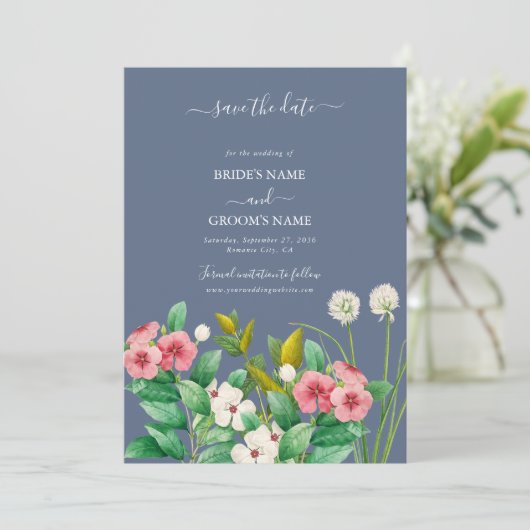 Save The Date Fleur sauvage Periwinkle Dusty Blue Mariage (Debout devant)